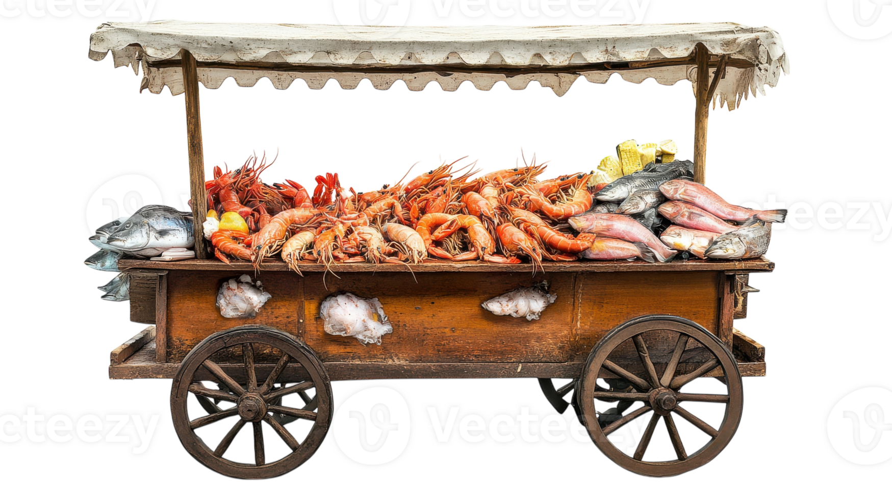 Fresh seafood cart featuring a variety of fish and shrimp displayed at a local market in the early morning light. png