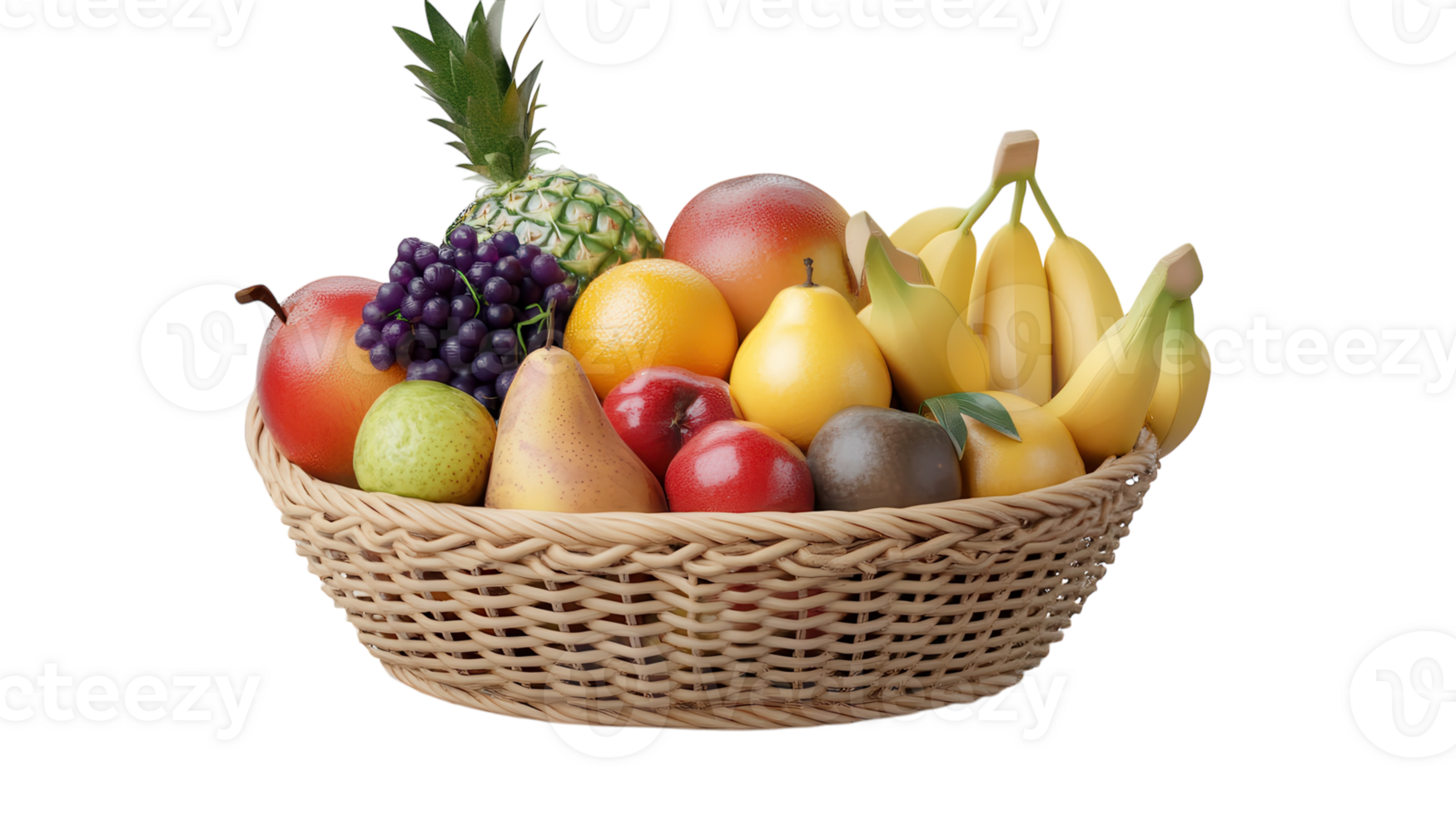 A colorful assortment of fresh fruits in a woven basket displayed on a white background during daylight hours. png