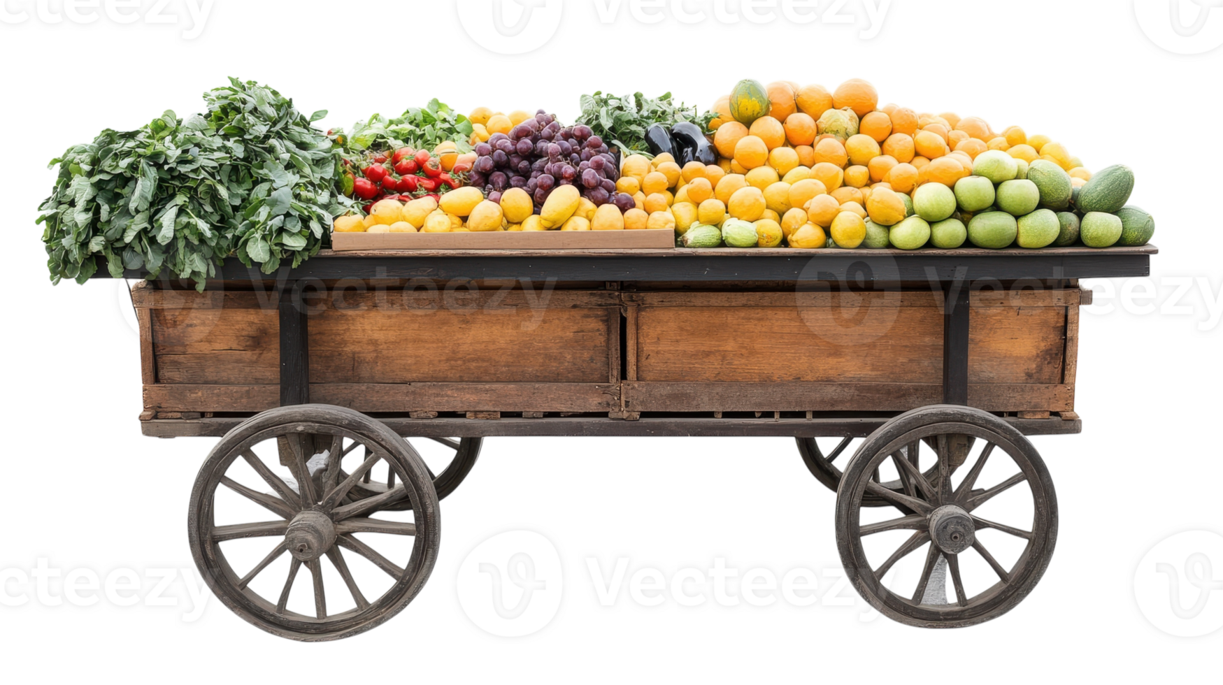 Fresh market cart filled with vibrant fruits and vegetables on display, ideal for a sunny outdoor market in a rustic setting. png