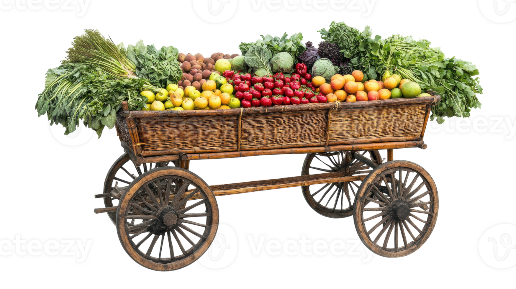 Colorful variety of fresh fruits and vegetables displayed on a rustic wooden cart in a market setting. png