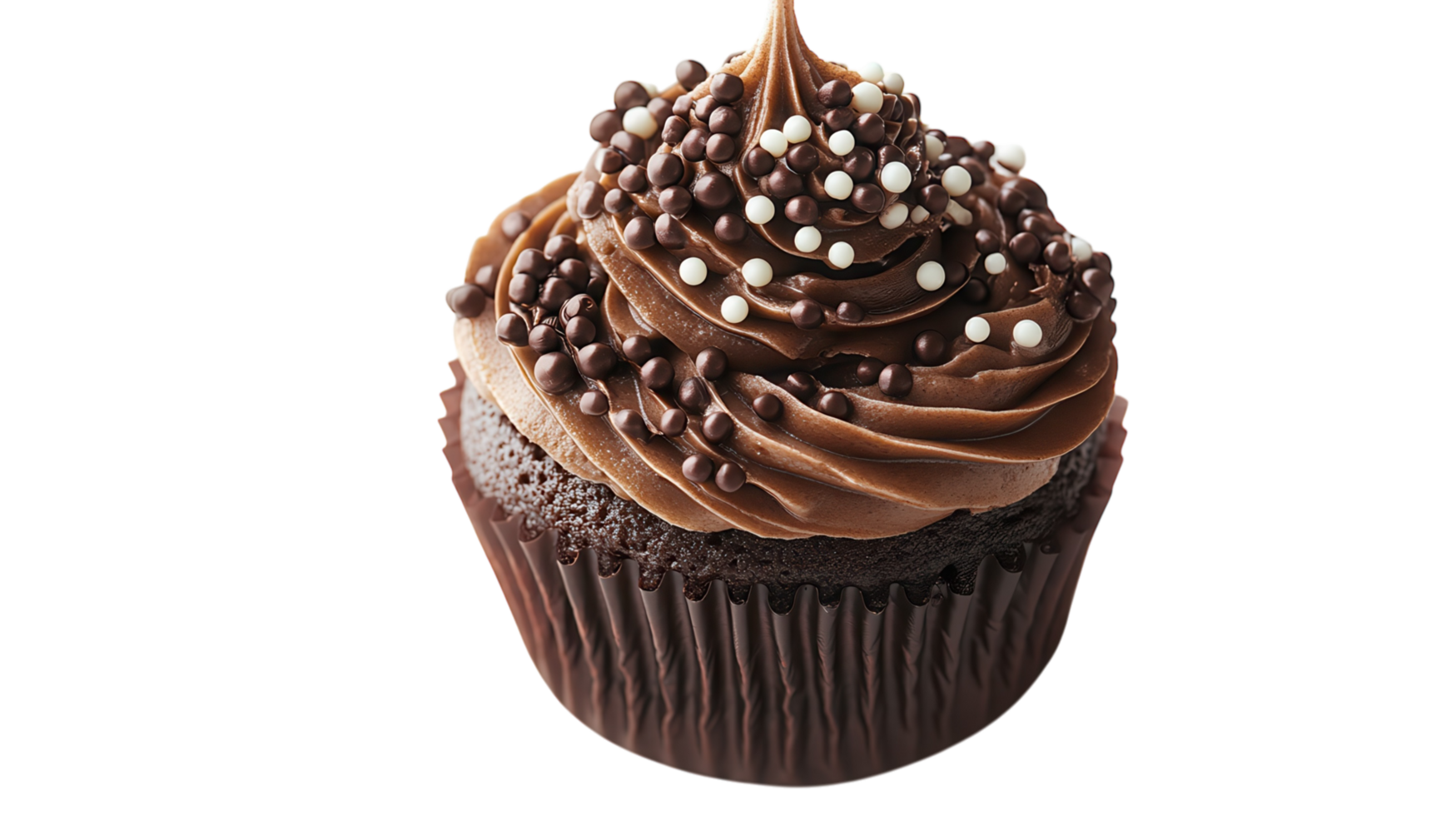 Delicious chocolate cupcake topped with creamy frosting and colorful sprinkles located in a bakery setting png
