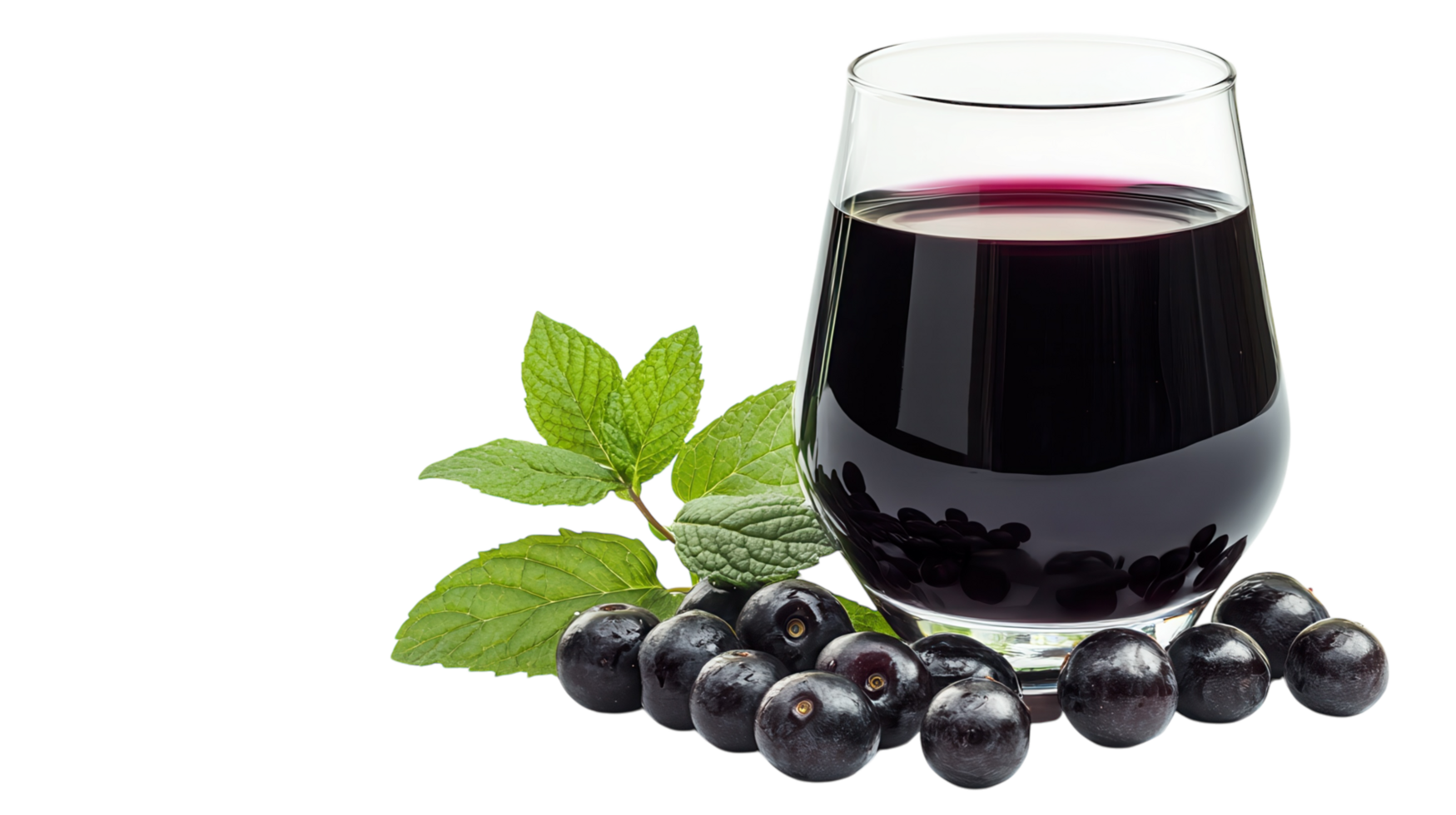 Freshly crafted blackcurrant juice served in a glass with whole berries and mint leaves on a clean surface png