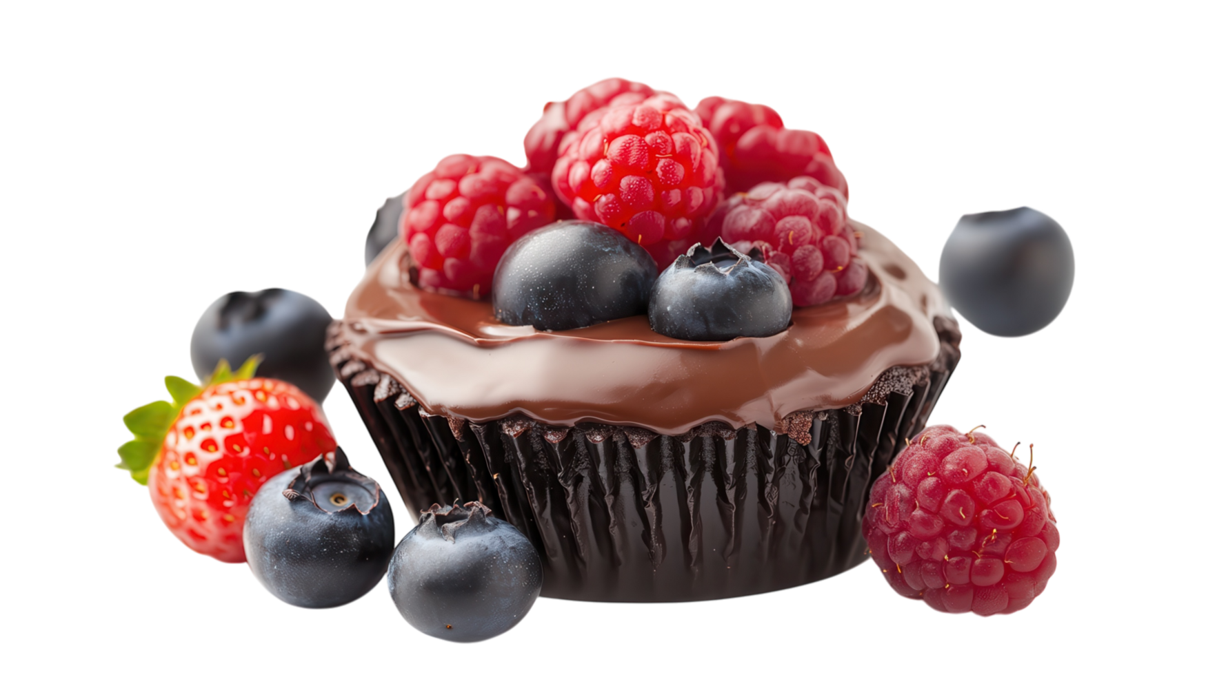 Delicious chocolate cupcake topped with fresh berries and a glossy chocolate glaze in a bright setting png