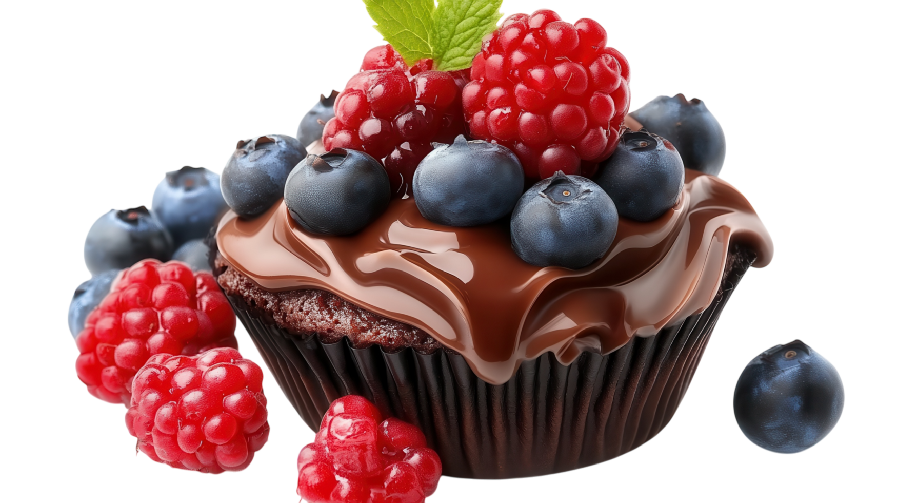 Delicious chocolate cupcake topped with fresh berries and mint at a dessert display png