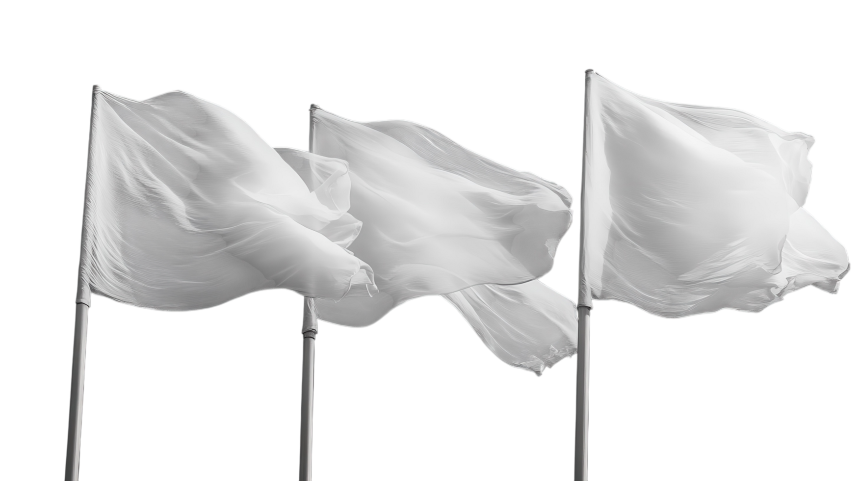 Three white flags waving gently in the breeze against a bright, clear sky png