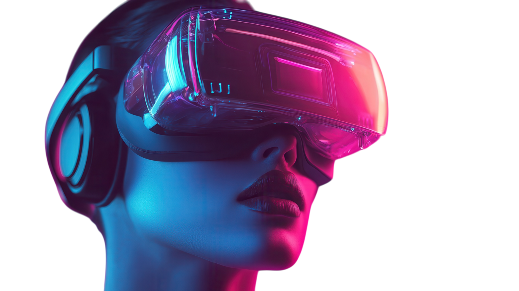 Virtual reality experience with immersive headset and striking neon lighting at a modern technology event png