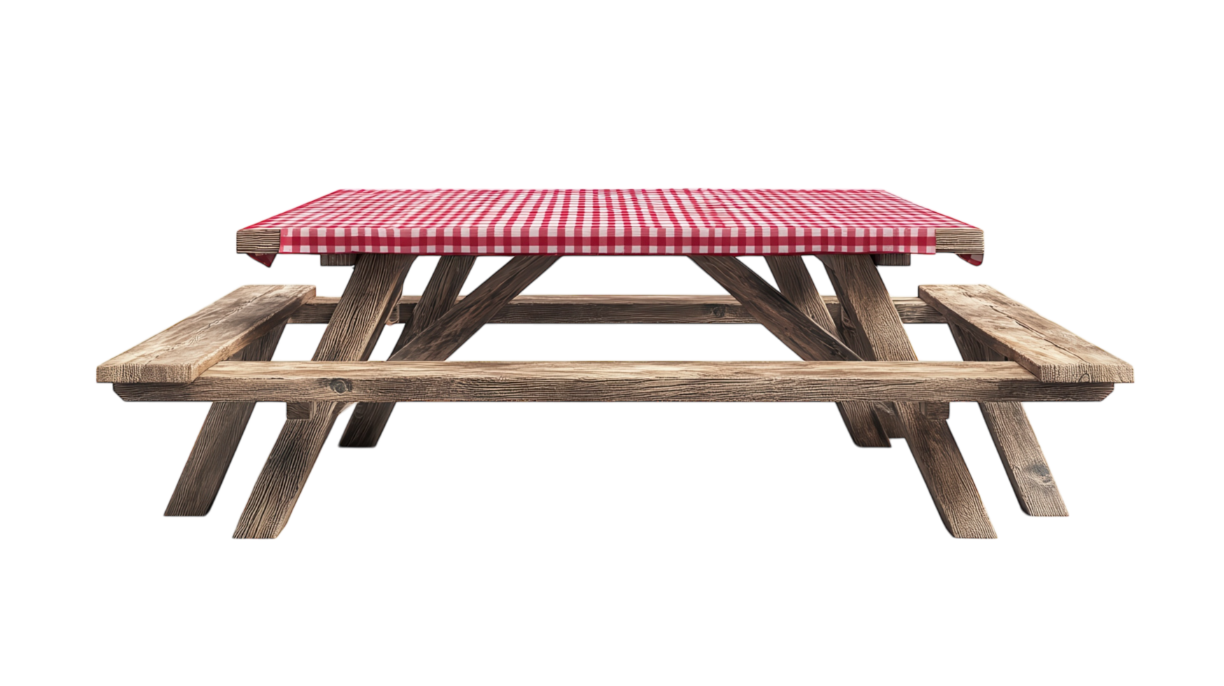 Rustic wooden picnic table with a red and white checkered tablecloth set for outdoor gatherings png