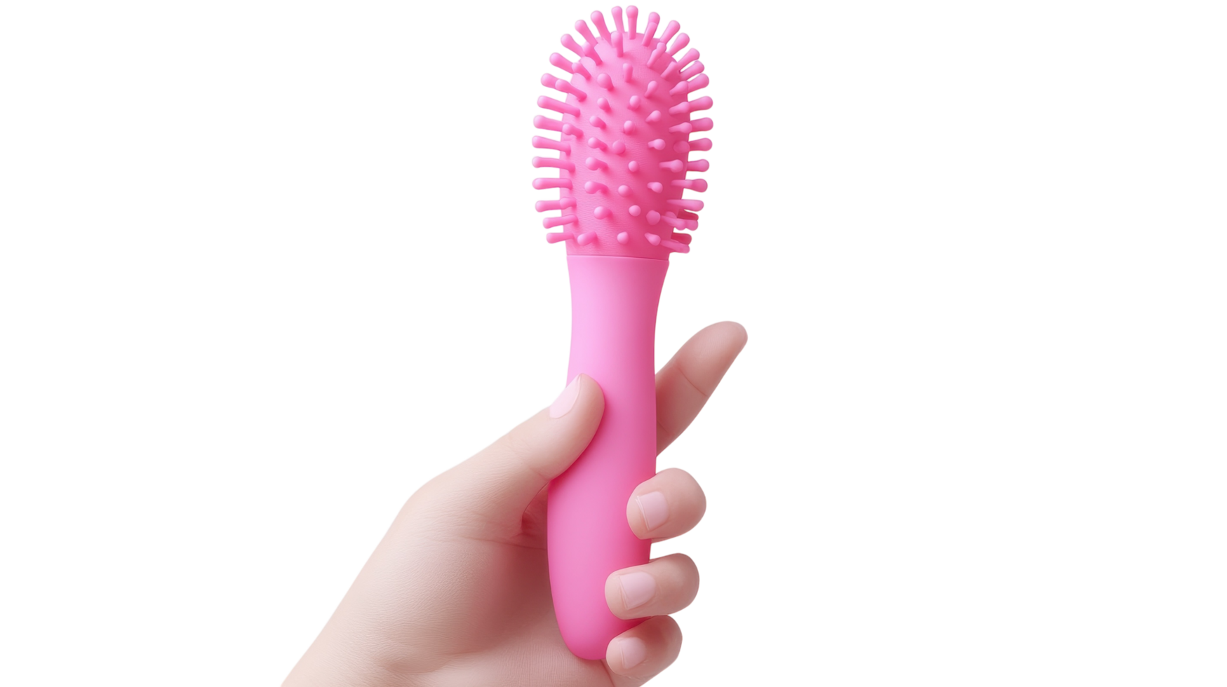 Bright pink hairbrush held in hand against a plain background showcasing its unique design and texture png