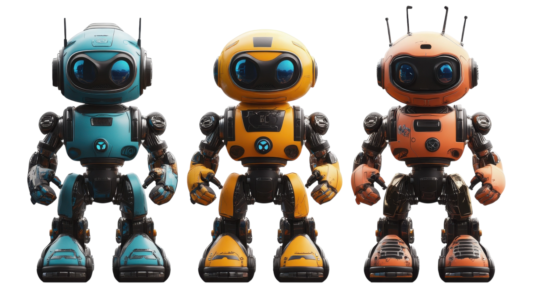Three colorful robots stand together showcasing unique designs and features in a studio environment during daylight png