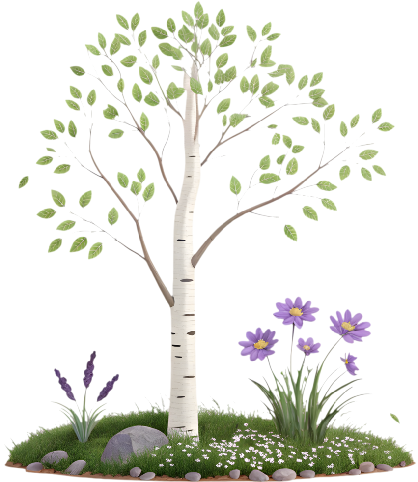 Cartoon wildflower and tree icon for outdoor nature graphic clipart. . png