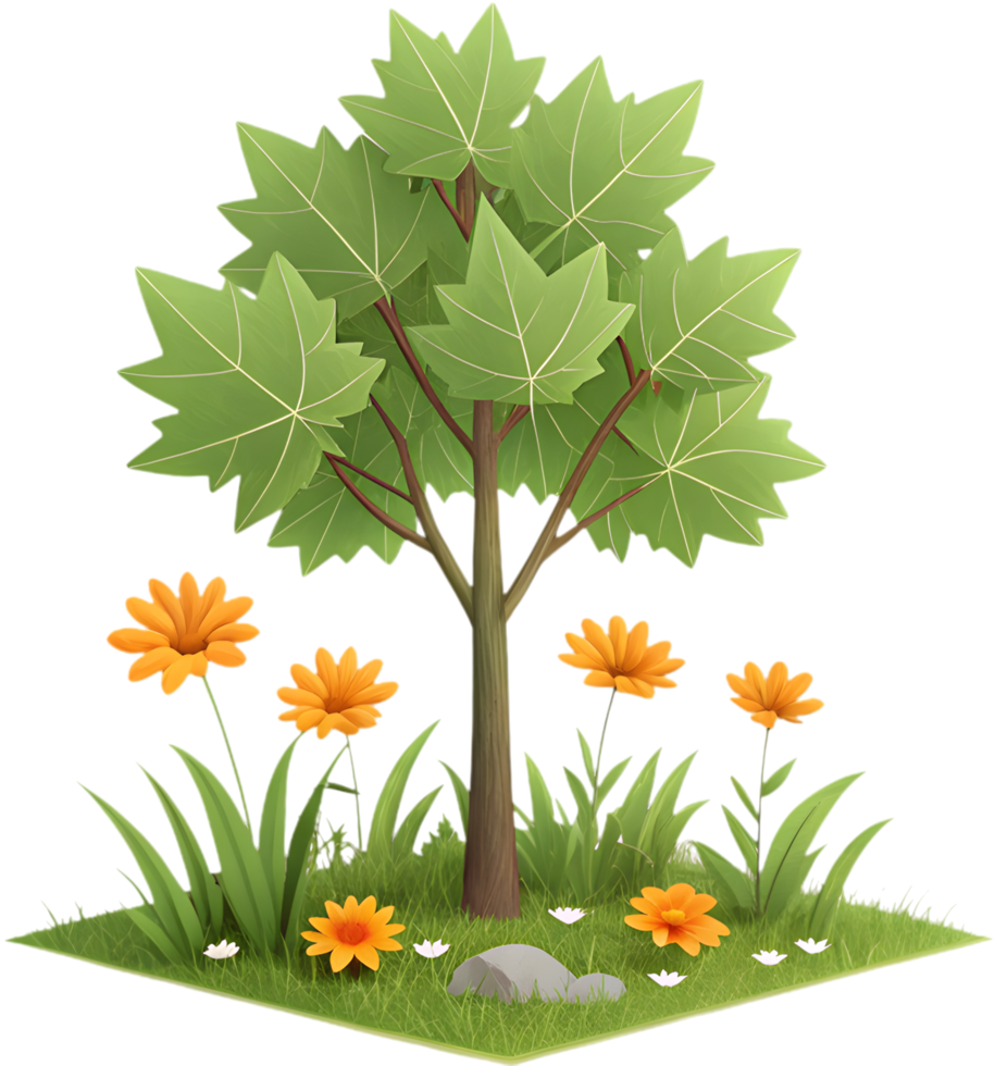 Whimsical cartoon tree and wildflower icon for nature design clipart. . png