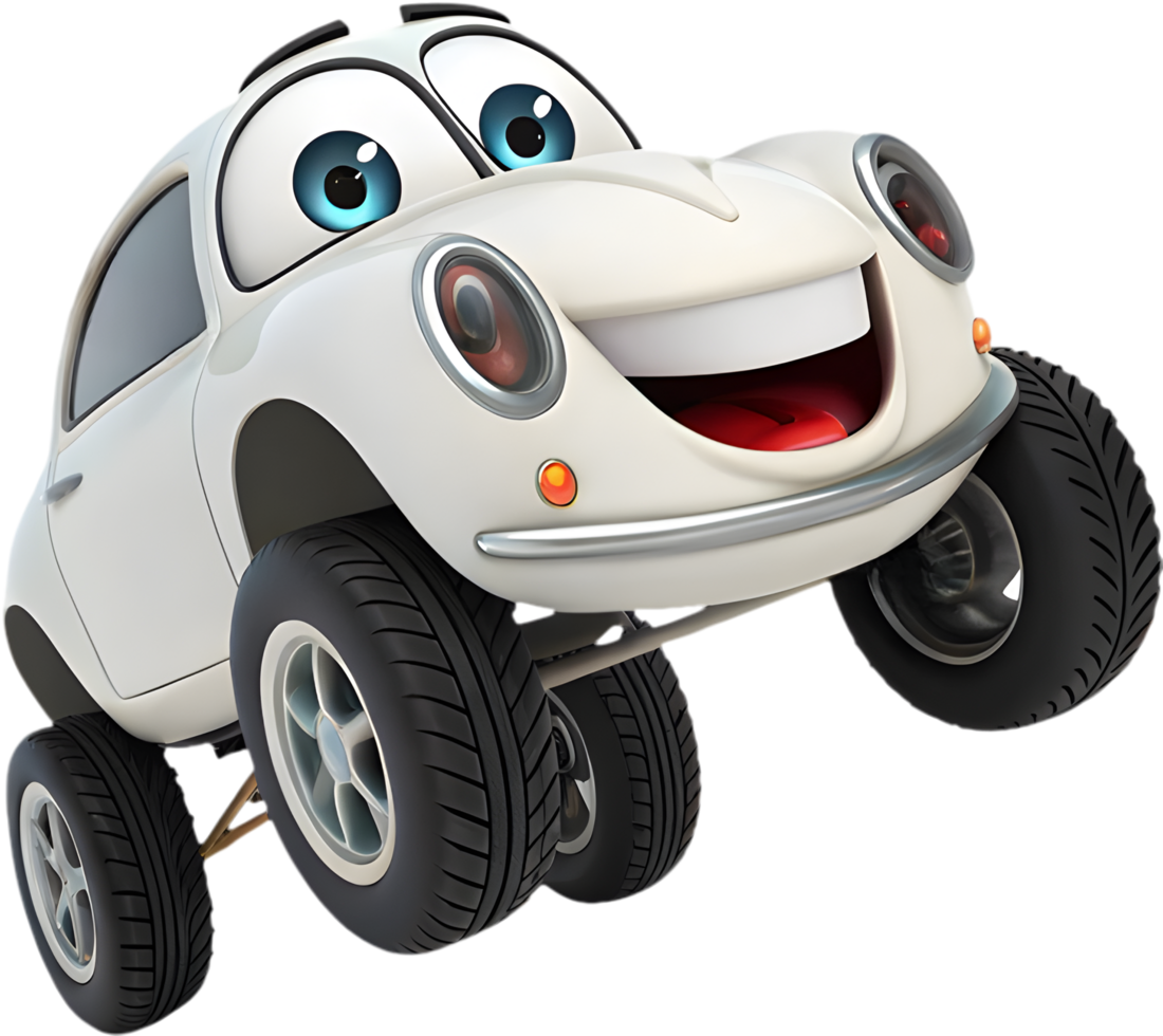 Fun animated cartoon car with happy and playful expressions for projects. . png