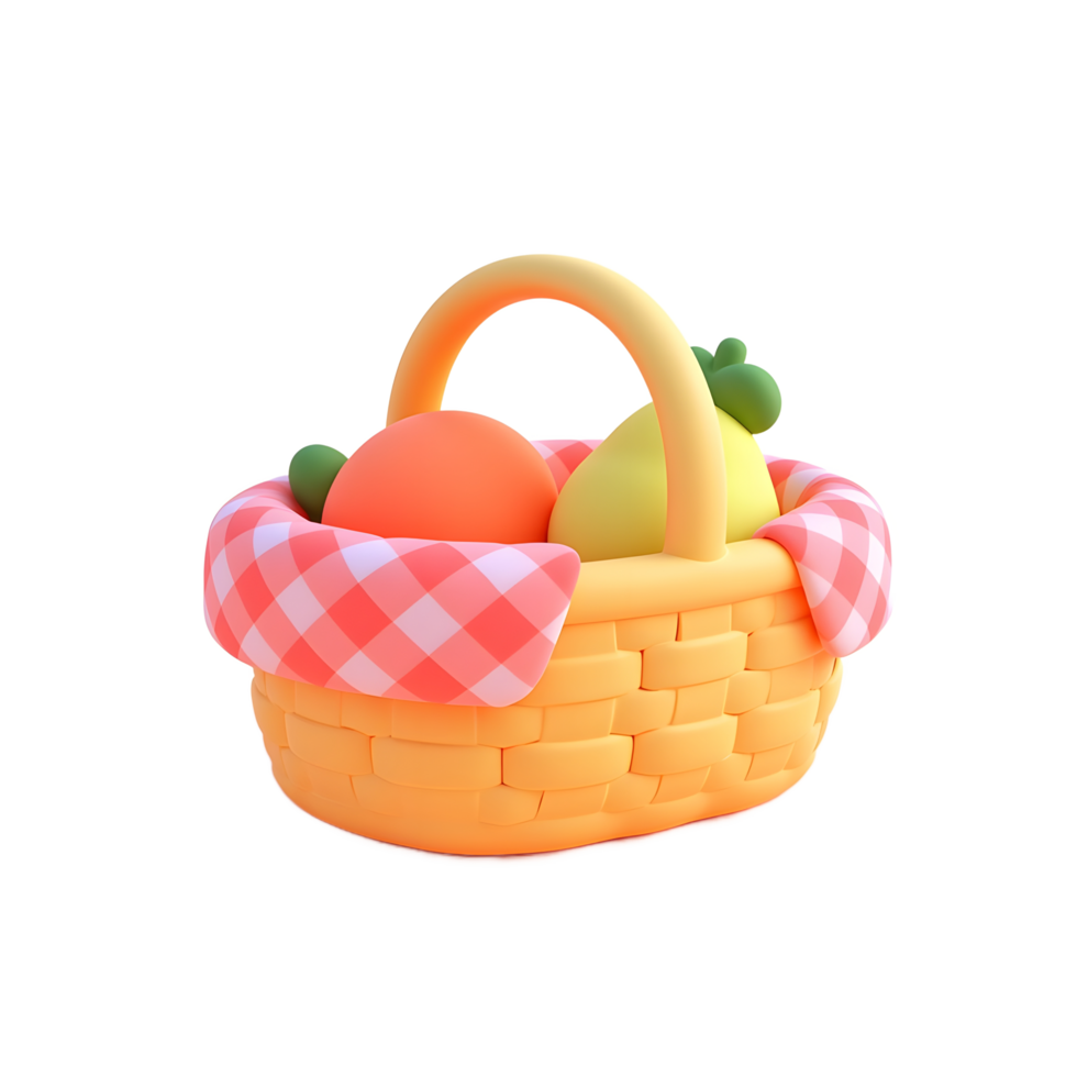 Cute 3D Render of Picnic Basket with Fruit png