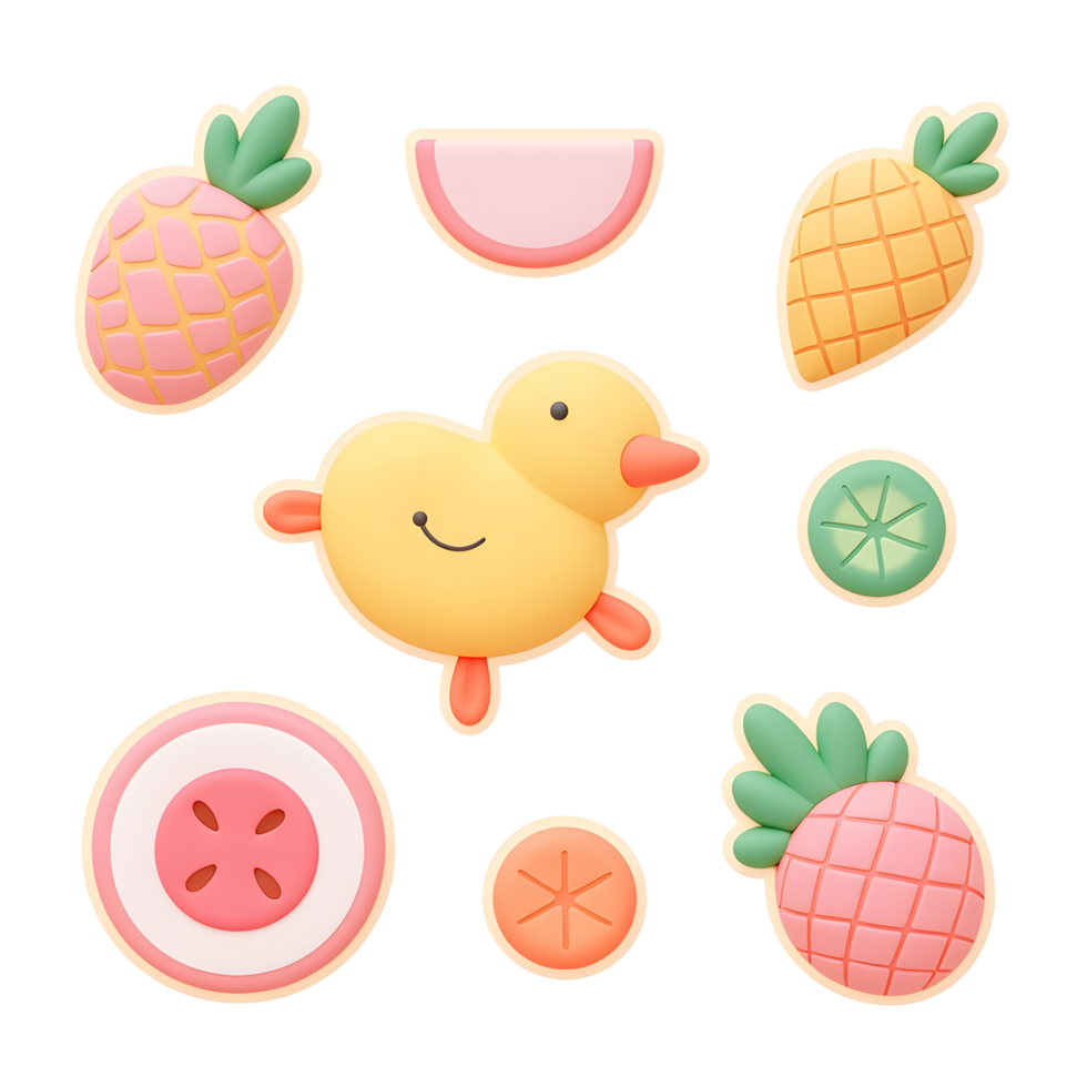 Adorable 3D Cartoon Duck and Summer Fruits Illustration png