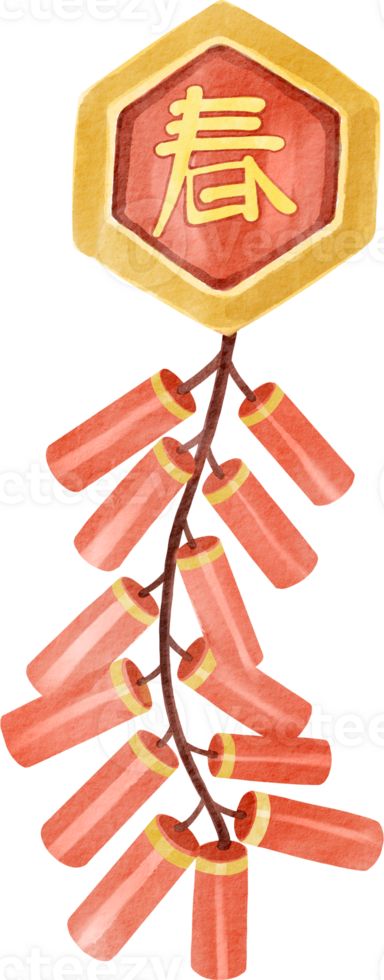 Festive Watercolor Illustration of Traditional Chinese Firecrackers with Spring Symbol png