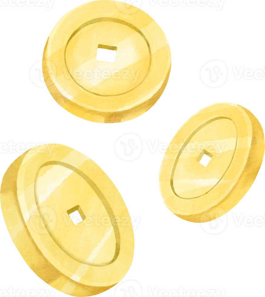 Watercolor Illustration of Chinese Gold Coins Symbolizing Wealth and Prosperity png