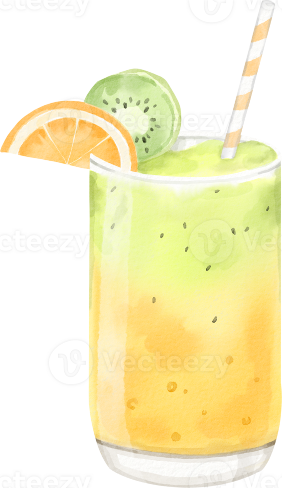 A watercolor illustration of a drink with a slice of orange and kiwi png