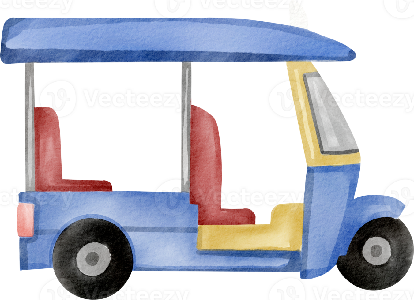 A watercolor drawing of a small blue and yellow tuk tuk png
