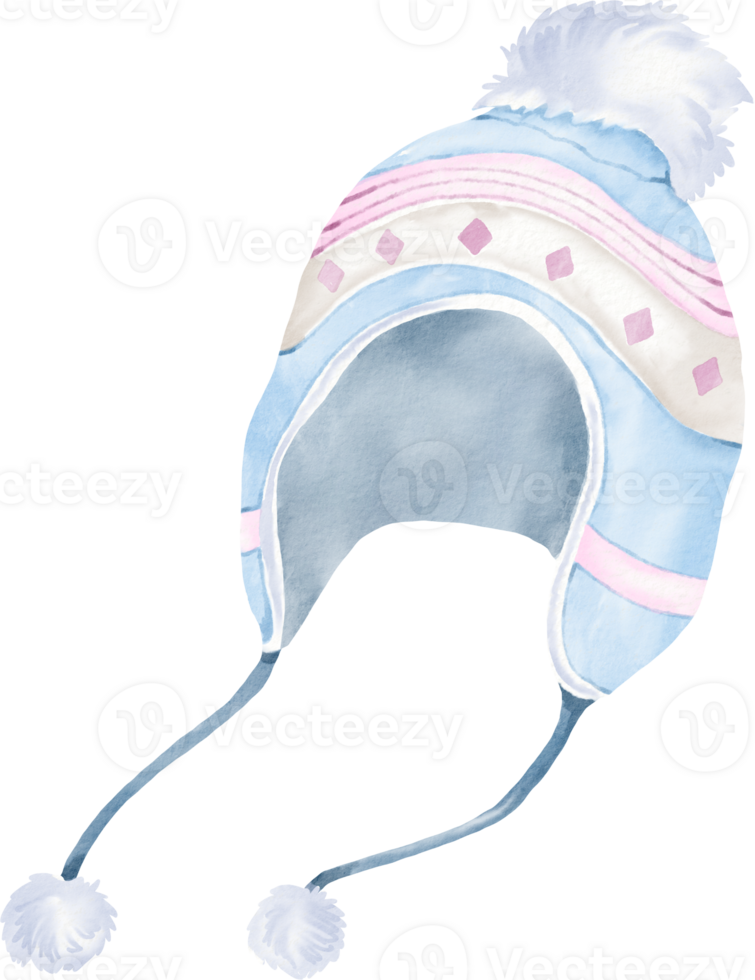 A watercolor illustration of a blue hat with pink and white pom poms png