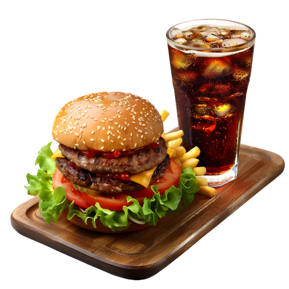 Double Cheeseburger with Fries and Drink Isolated on Transparent Background png