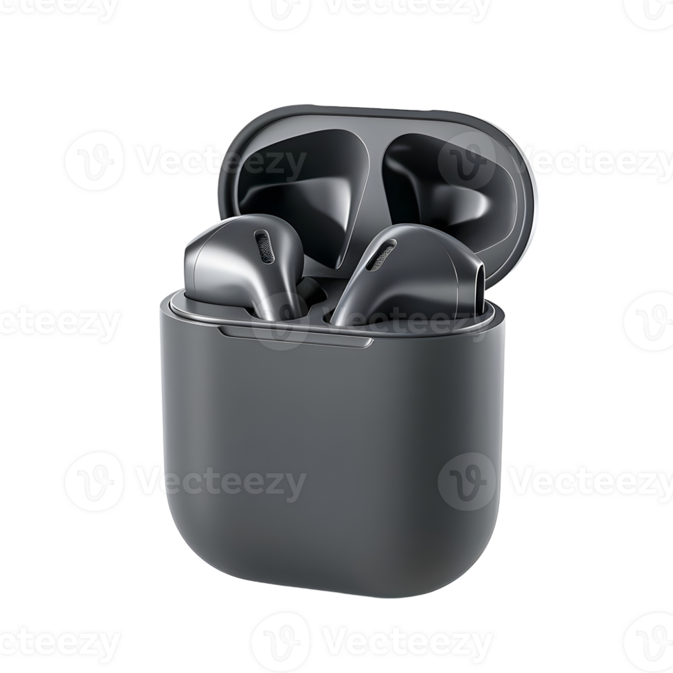 grey Wireless Earbuds in Charging Case isolated on transparent background png
