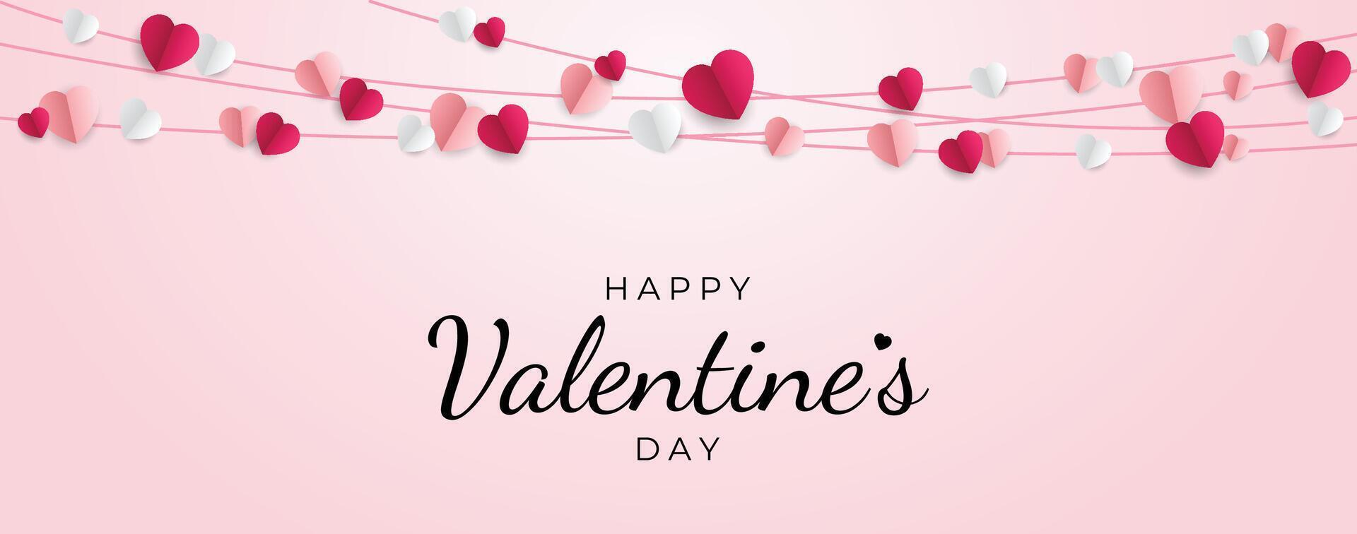 Valentines Day banner. Seamless decoration, red and white hearts string on pink background. Holiday frame. stock illustration vector