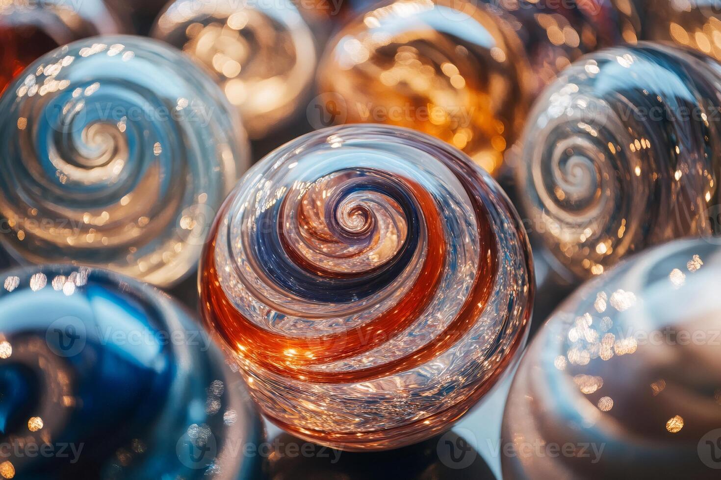 Colorful swirls adorning glass spheres creating a mesmerizing display photo