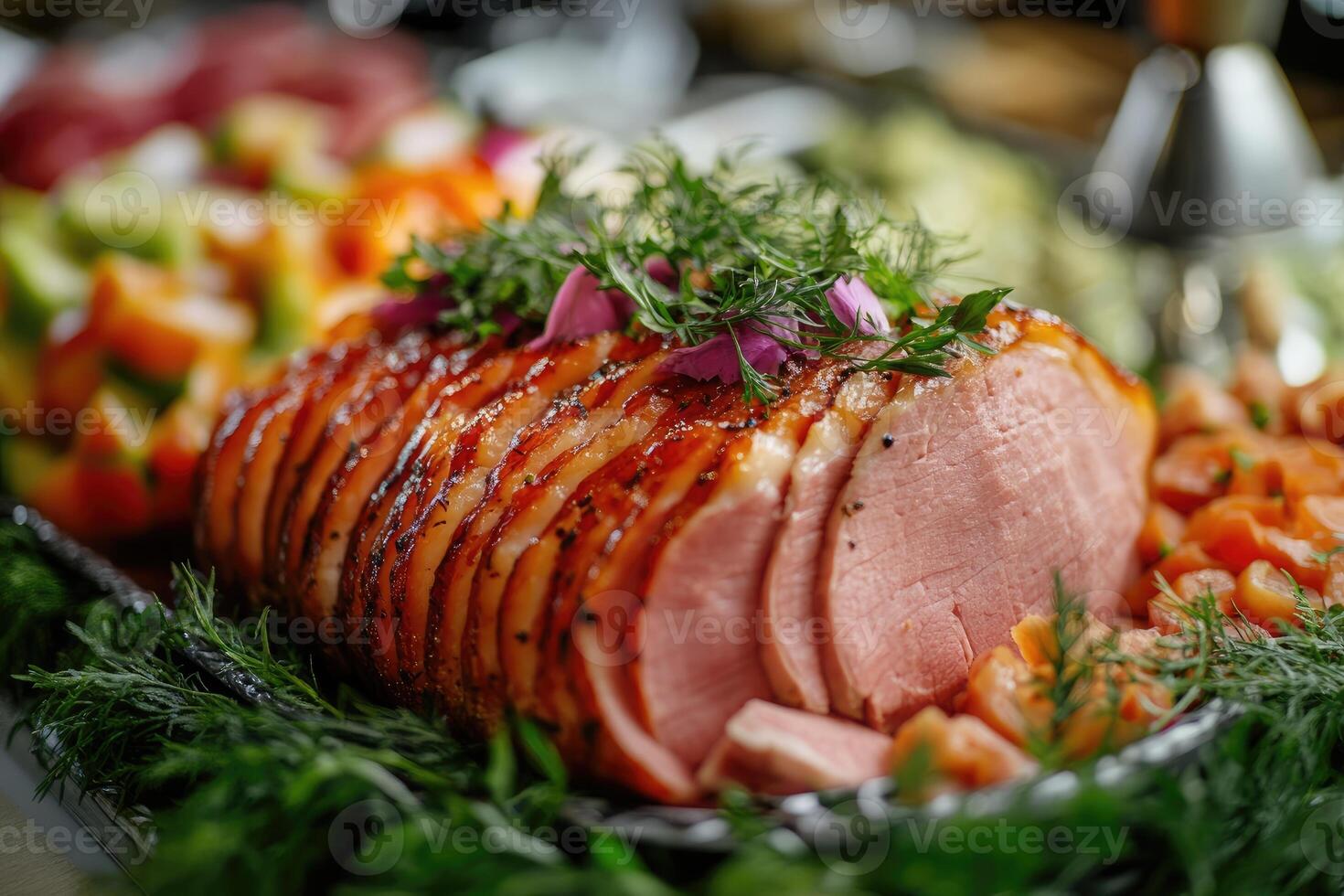 Sliced glazed ham presenting on buffet table with garnish photo