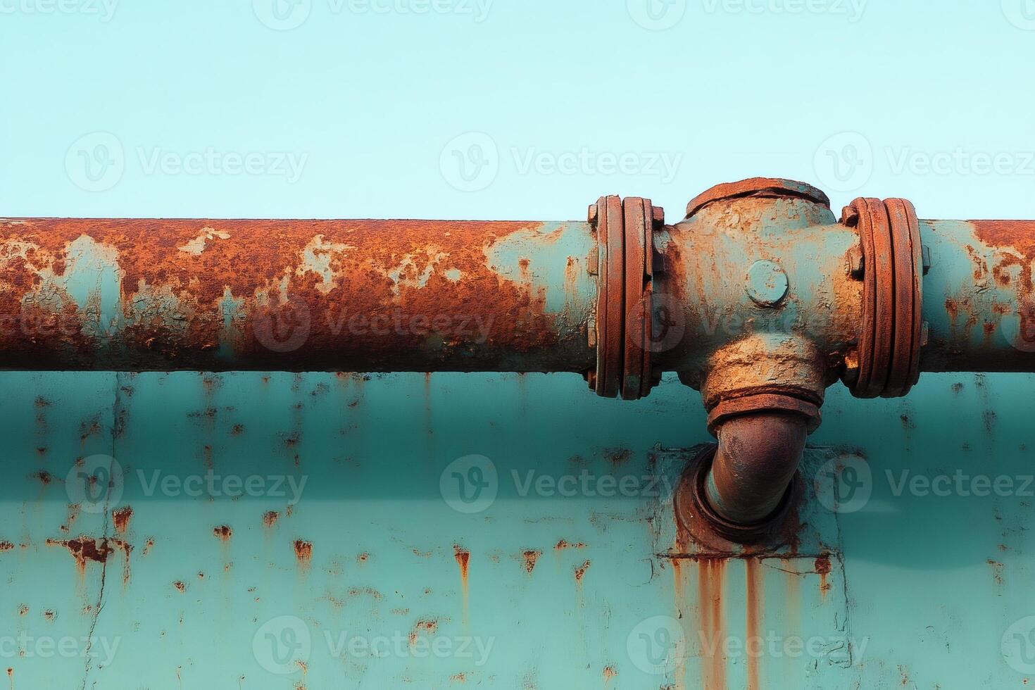 Rusty pipes and valves showing corrosion on a metal wall photo