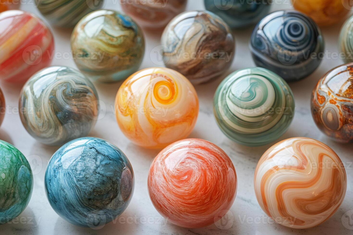 Colorful ocean jasper spheres resembling planets forming a beautiful collection photo