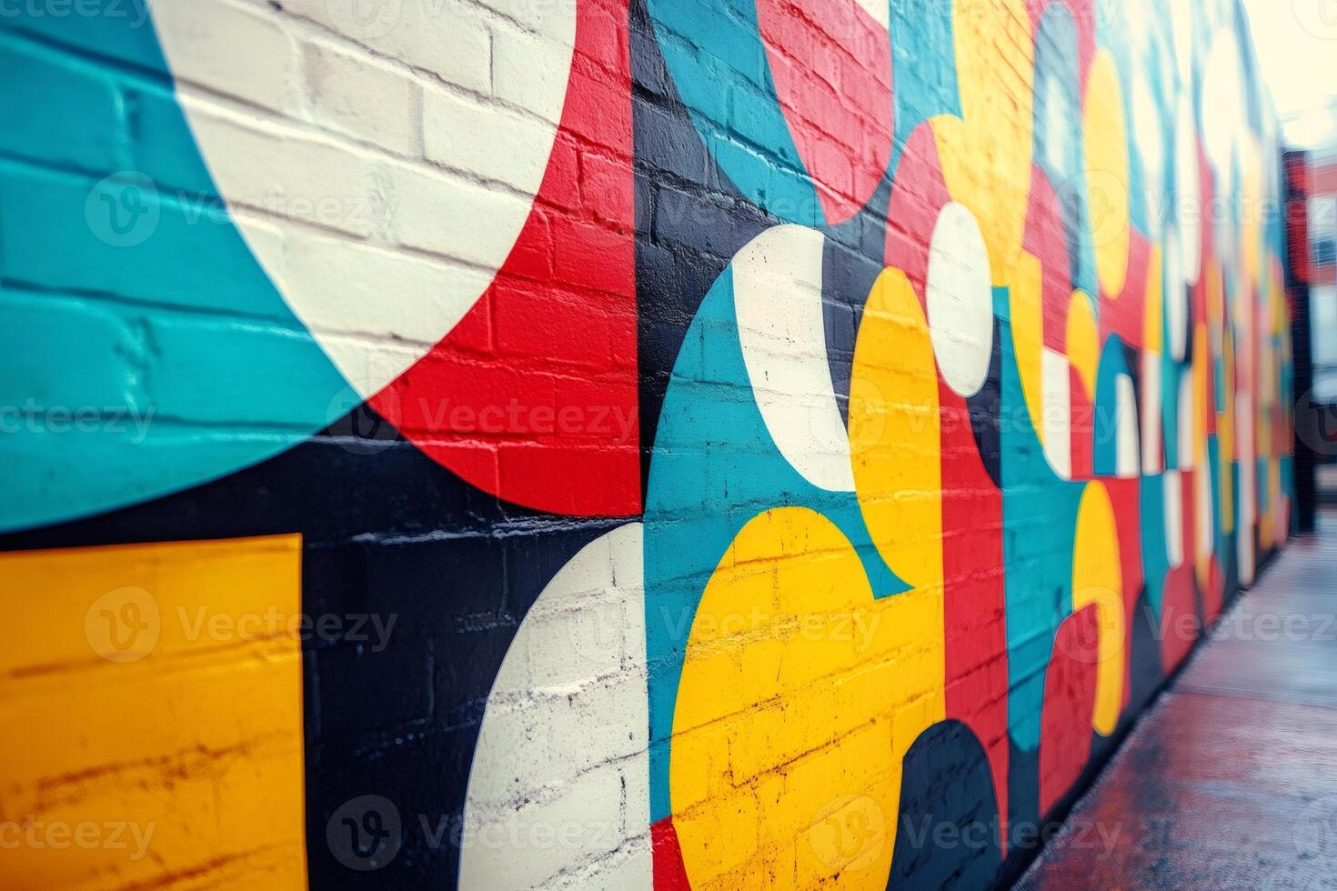 Colorful geometric pattern decorating a brick wall with overlapping circles and squares photo