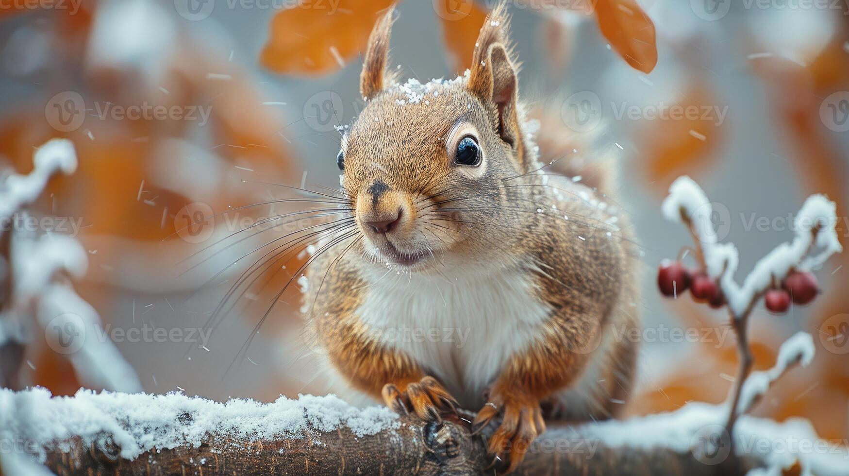 Red squirrel with a fluffy tail in the winter forest . photo