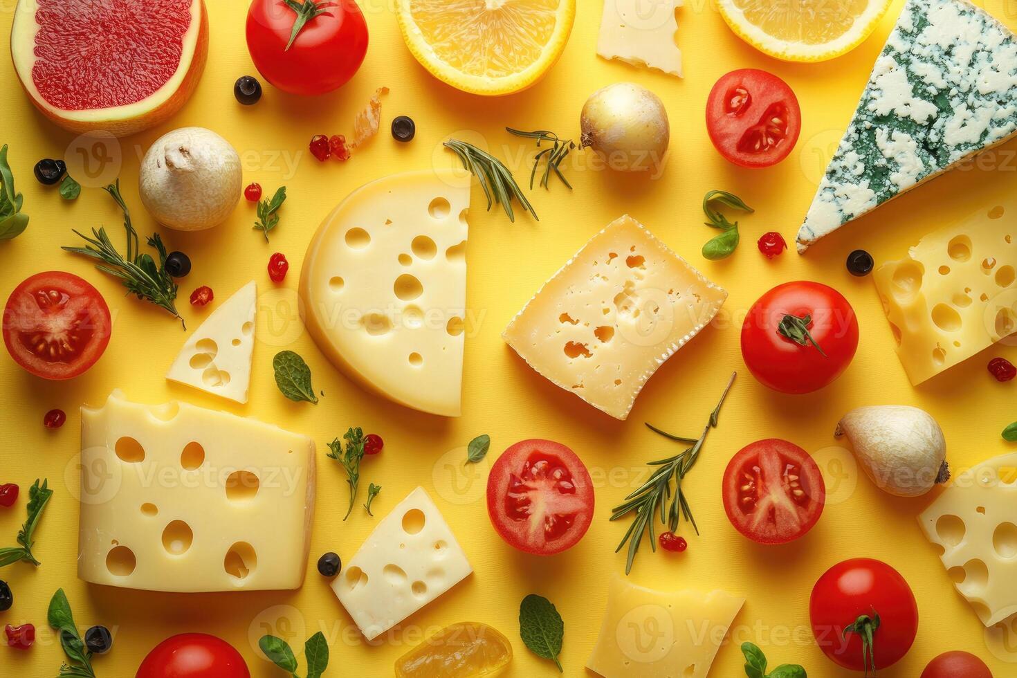 Different cheeses with tomatoes, garlic and herbs creating delicious culinary composition on yellow background photo