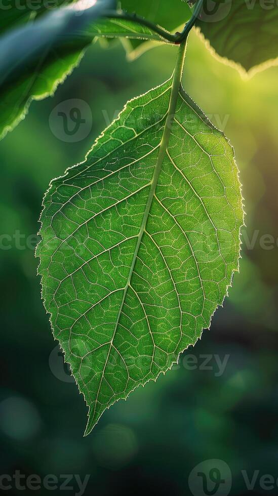 Detailed close-up of a green leaf with sunlight illuminating its intricate veins . photo