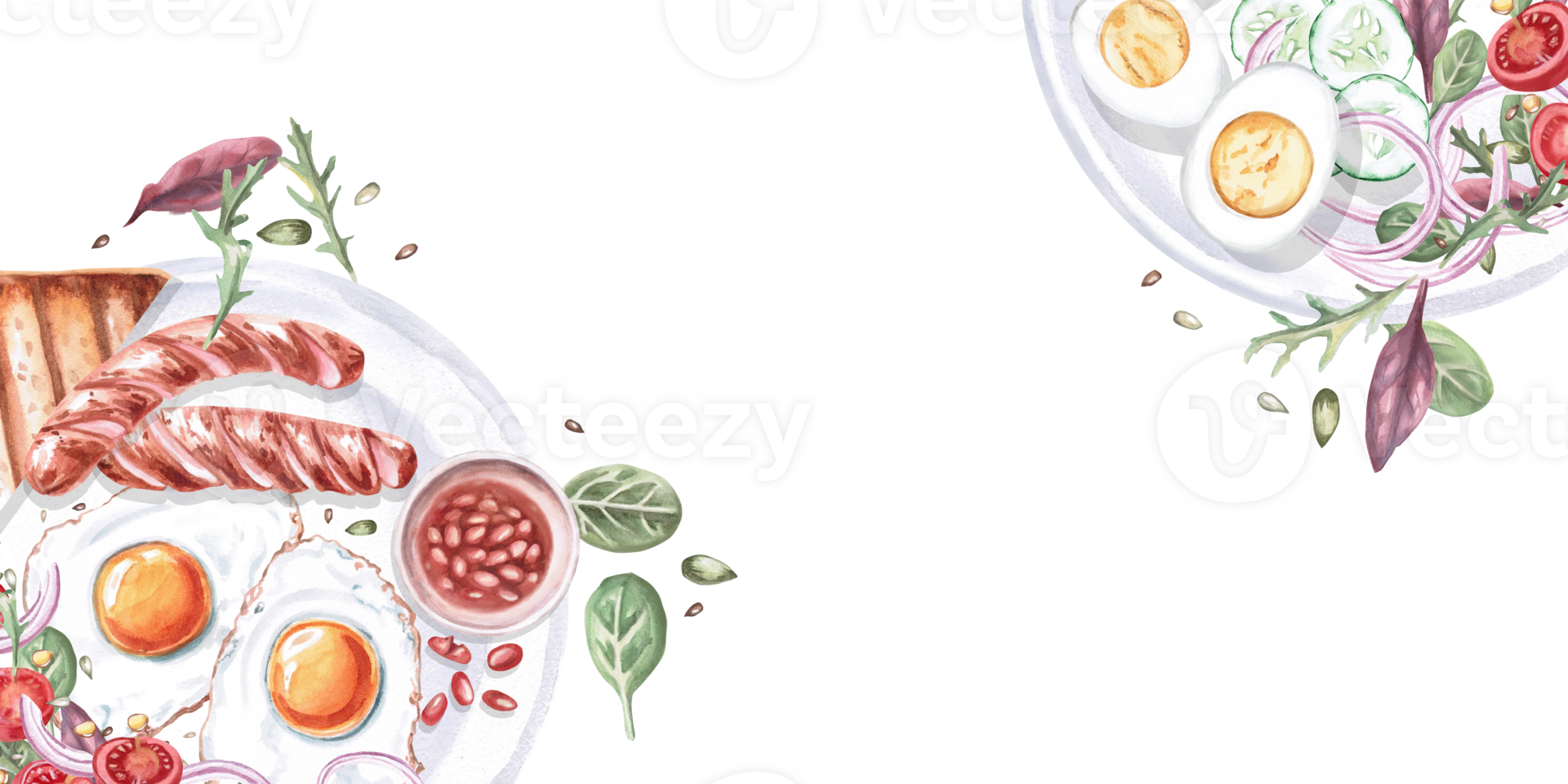 Rectangular frame with two plates with breakfast. Isolated watercolor illustration on the theme of English breakfast for restaurant menu design, gastronomic magazines and festivals. png