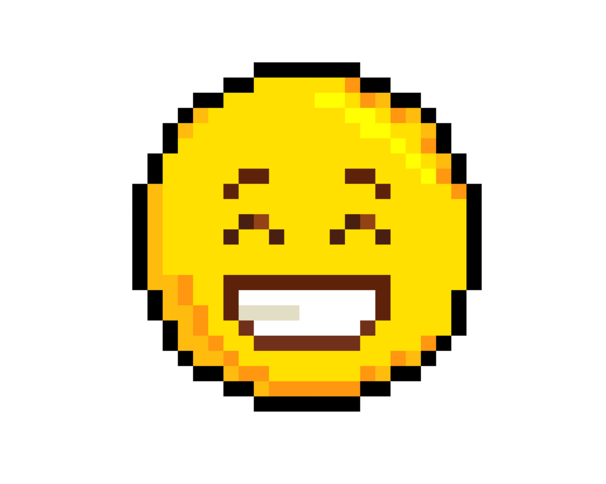 8 bit pixel art yellow smiling eyes, broad happy face icon with teeth png