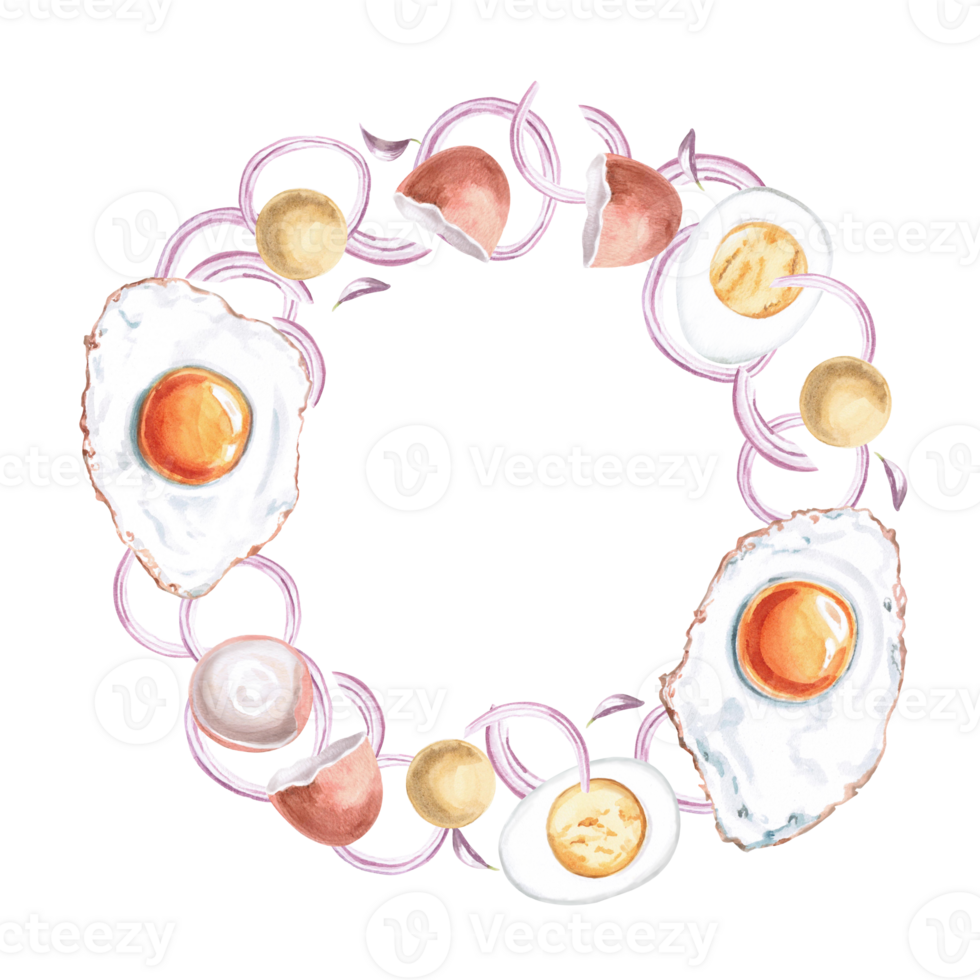 Round frame with fried and boiled eggs. Isolated watercolor illustration in realistic style on food theme for restaurant menu design, gastronomic magazines and festivals. png