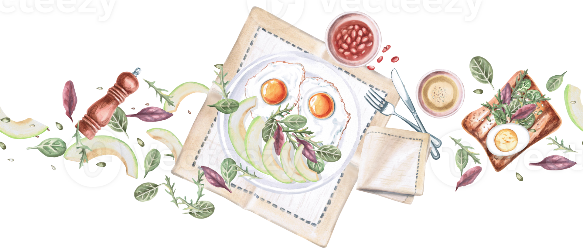 Seamless border with breakfast plate. Isolated watercolor illustration on food theme for restaurant menu design, gastronomic magazines and festivals. png