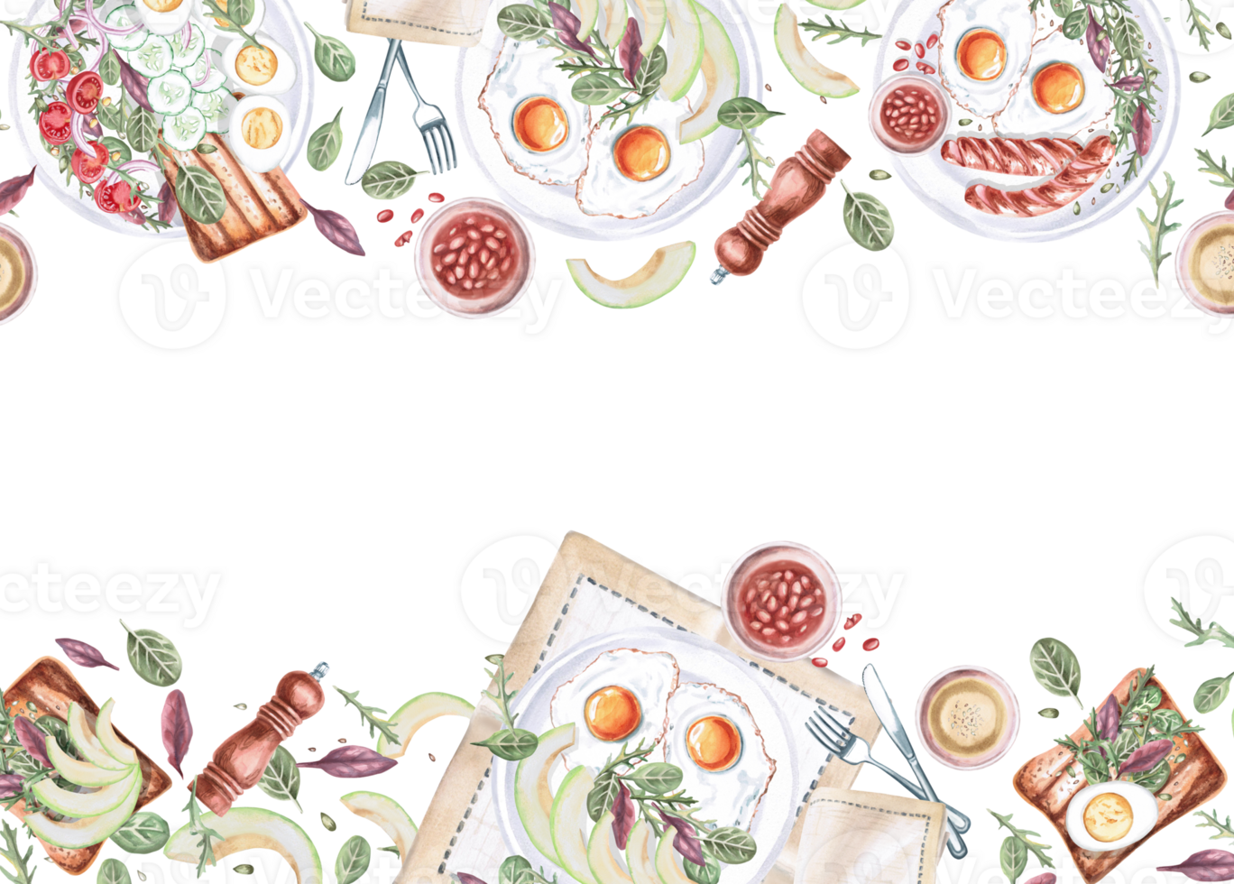 Rectangular frame with various breakfast plates. Isolated watercolor illustration on food theme for restaurant menu design, gastronomic magazines and festivals. png