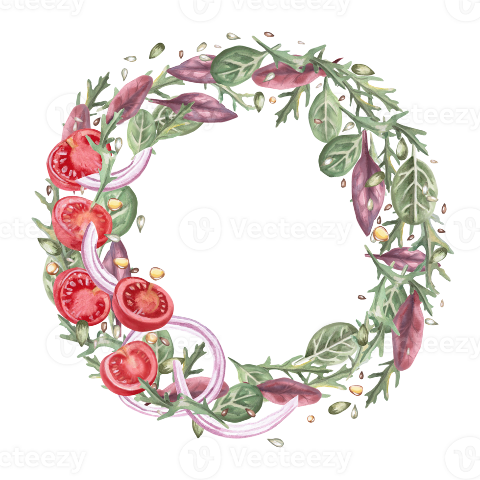 Round frame with tomatoes and greens. Isolated watercolor illustration in realistic style on the theme of food for restaurant menu design, gastronomic magazines and festivals. png