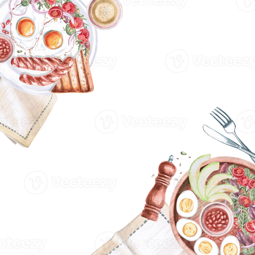 Square frame with country and English breakfast. Isolated watercolor illustration on food theme for restaurant menu design, gastronomic magazines and festivals. png