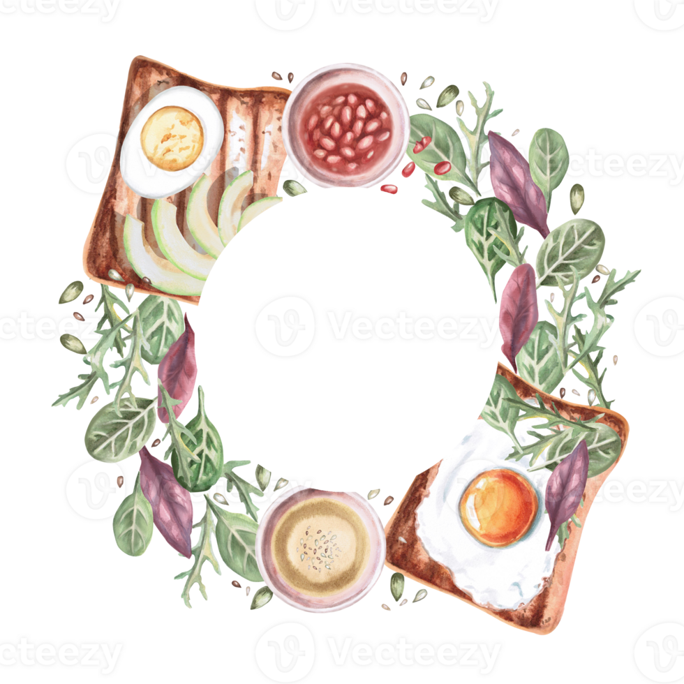Round frame with sandwiches and greenery. Isolated watercolor illustration in realistic style on food theme for restaurant menu design, gastronomic magazines and festivals. png