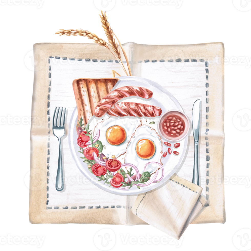 Breakfast served on a napkin. Isolated watercolor illustration on food theme for restaurant menu design, gastronomic magazines and festivals. png