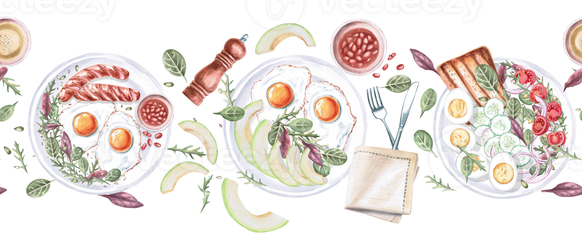 Seamless border with different breakfast plates. Isolated watercolor illustration on food theme for restaurant menu design, gastronomic magazines and festivals. png