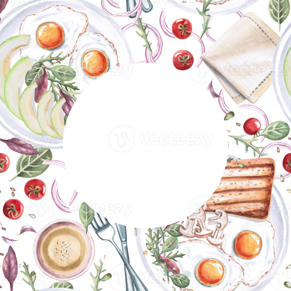 Square frame with breakfast products. Isolated watercolor illustration on food theme for restaurant menu design, gastronomic magazines and festivals. png