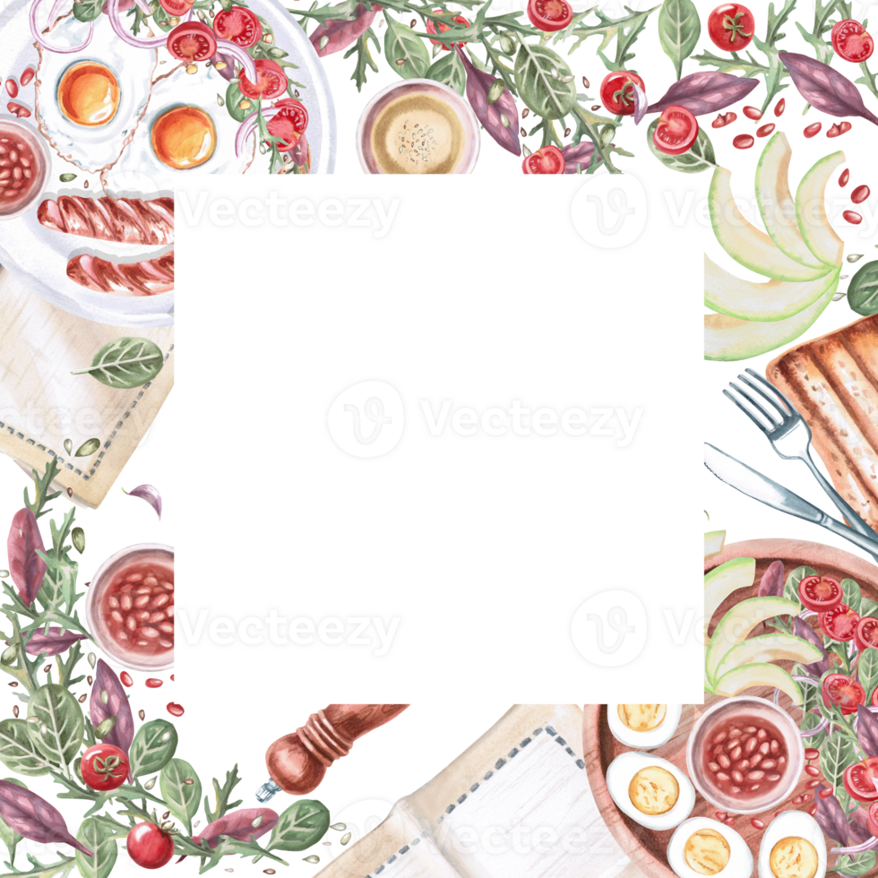 Square frame with served plates and breakfast products. Isolated watercolor illustration on food theme for restaurant menu design, gastronomic magazines and festivals. png