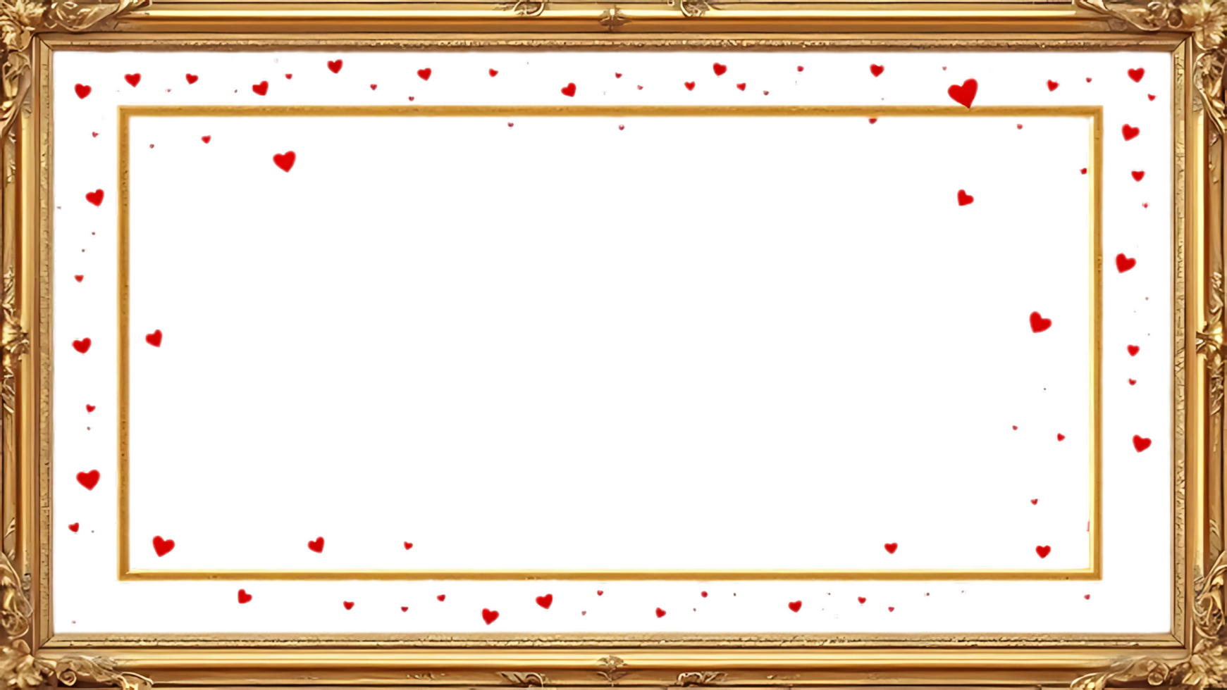 A luxurious golden frame with small red hearts and sparkles isolated on transparent background png