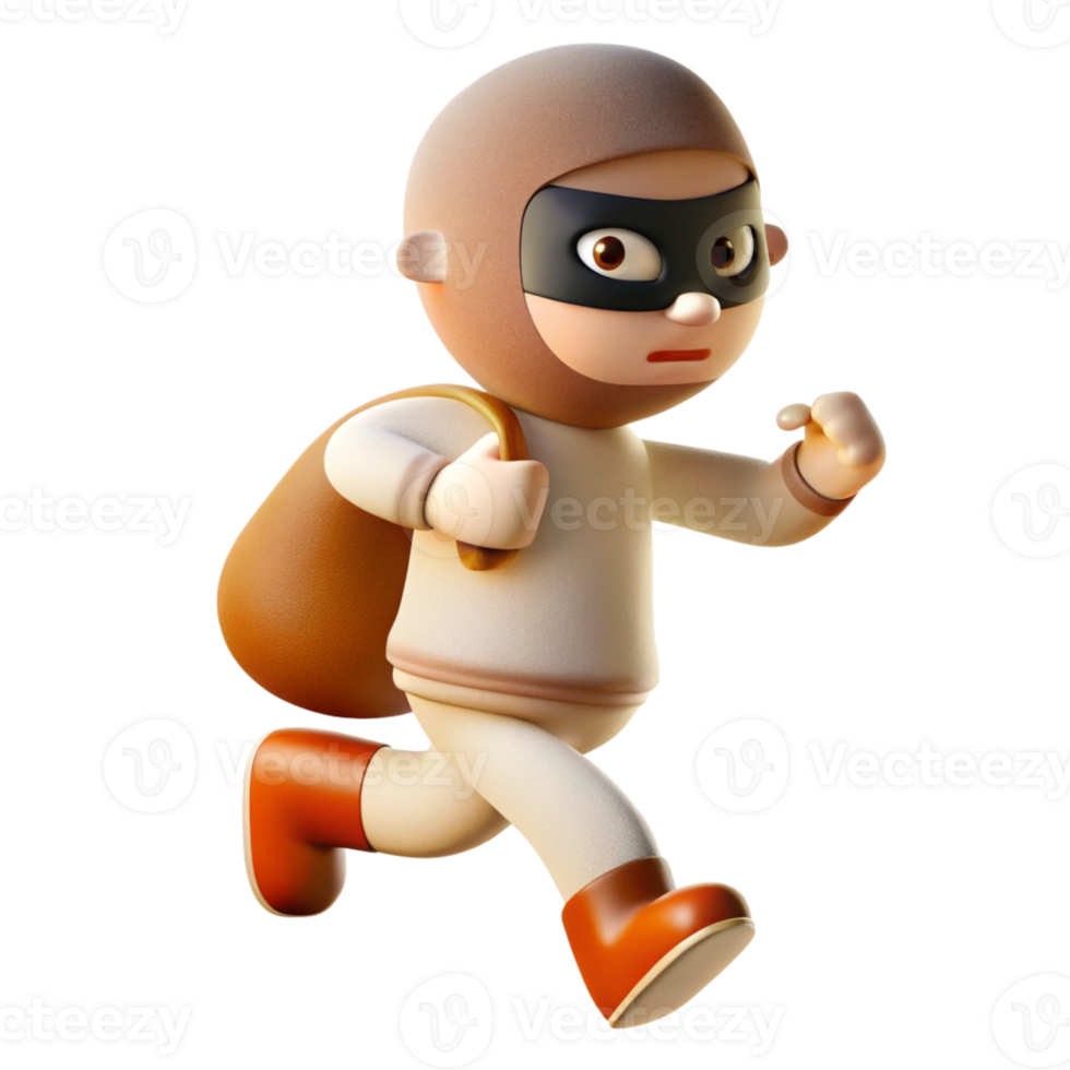Animated Robber Character with a Smooth Mask and Bag Dashing Forward with Determination Depicting Fun and Playful Elements in a Creative Style png