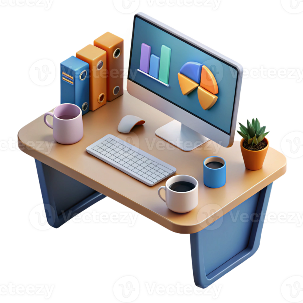 Colorful Workspace Decor with Computer Files Coffee Mugs and Green Plant Creating an Inspiring Atmosphere for Creativity and Focus in Any Office Setting png