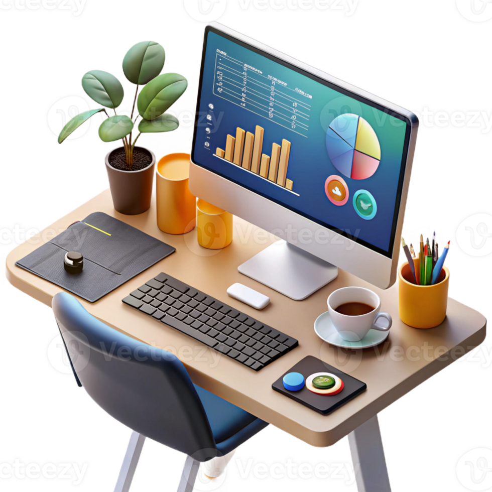 Chic Desk Arrangement Showcasing Computer Keyboard Essential Stationery and Colorful Plant Ideal for Enhancing Your Work Environment and Making Every Task Enjoyable png
